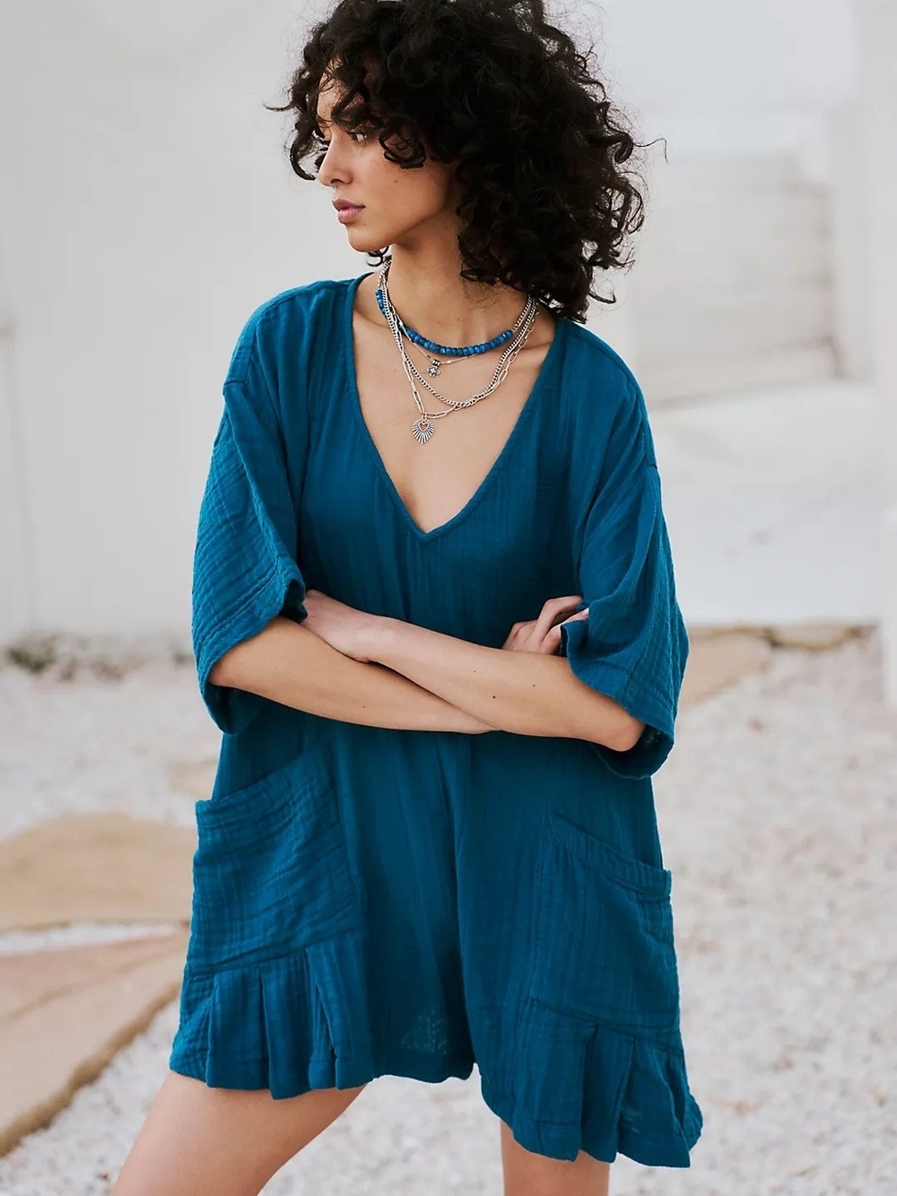 NWT - Free People Teal V-Neck Short Romper with Patch Pockets - So Lively Romper